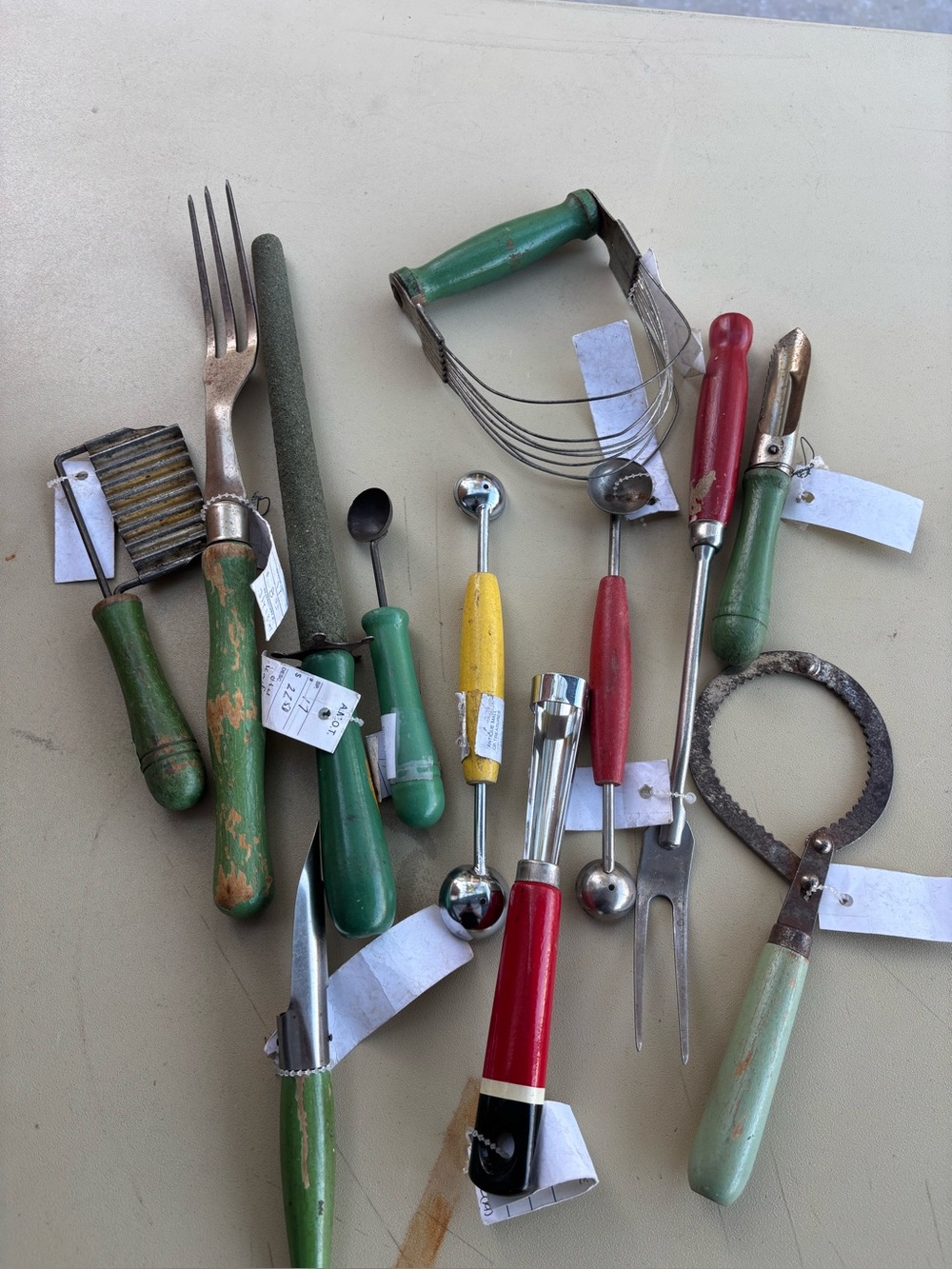Vintage Wooden-Handled Kitchen Utensil Lot - Green, Red, Yellow